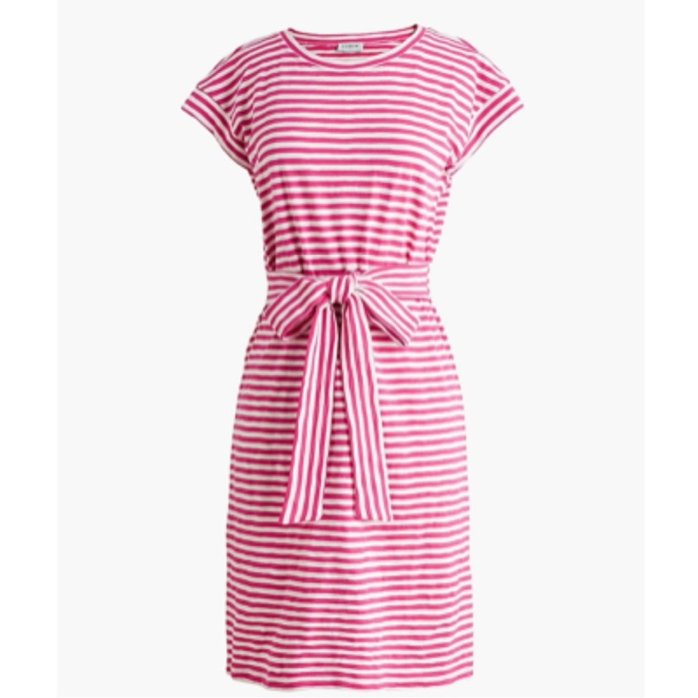 J Crew Striped Tie Waist Pink and White Cotton T-Dress